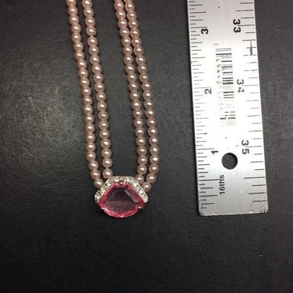 Pink Pearl Necklace Double Strand Rhinestone Silver Chain Soft Girl Barbie Retro - Picture 5 of 7